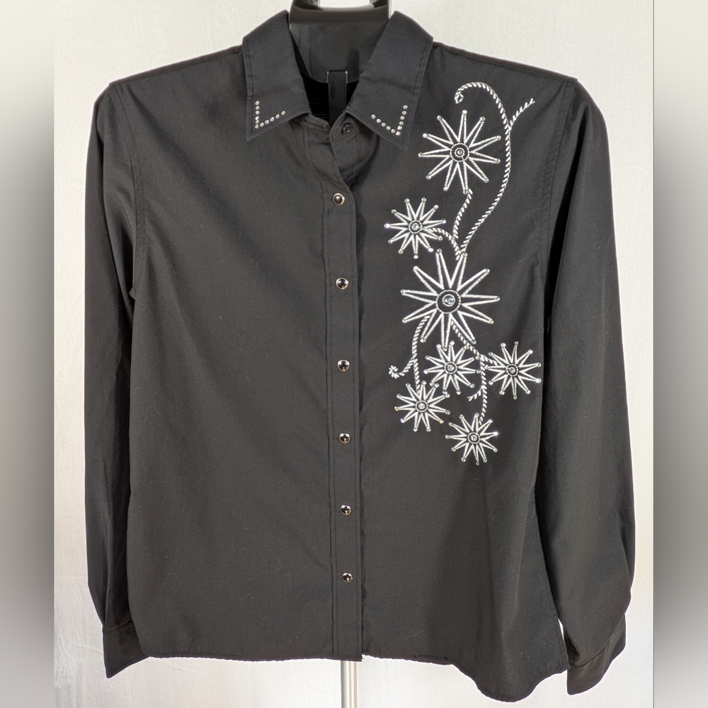 Embroidered Cowgirl Rhinestones Black Rockabilly Blouse - Starburst Pattern